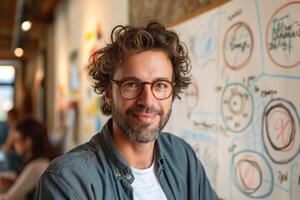 Smiling Caucasian man in glasses, with curly hair, standing by a whiteboard filled with creative sketches. photo