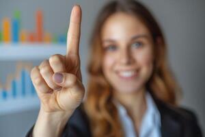 A young Caucasian woman in a business suit holds up one finger, signaling importance in a modern office setting. photo