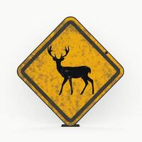 A weathered caution sign featuring a silhouette of a deer, symbolizing wildlife crossing in rural areas. photo