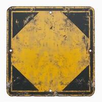An aged, weathered caution sign with a yellow background and black triangular edges, perfect for a rustic or industrial theme. photo