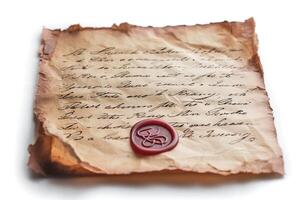 An aged, handwritten parchment featuring elegant calligraphy and a red wax seal, evoking nostalgia and historical significance. photo