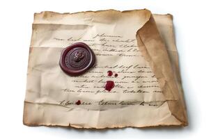 An antique letter with a wax seal lies crumpled, evoking nostalgia with its aged paper and faded ink. photo