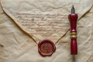 An elegant vintage envelope with intricate handwriting, accompanied by a decorative pen and wax seal. photo