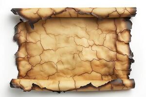 A piece of old parchment paper with a burnt edge and cracked surface, evoking a sense of mystery and history. photo