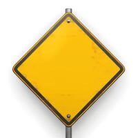 A blank yellow warning sign stands prominently against a white background. photo