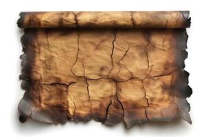Old, weathered parchment paper with cracks and burn marks, evoking a sense of antiquity and mystery. photo
