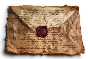 An aged envelope featuring wax seal and antique handwriting, evoking a sense of nostalgia and historical significance. photo