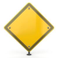 A blank yellow diamond-shaped sign mounted on a sturdy pole, ready for custom messaging. photo