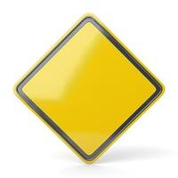 A bright yellow diamond-shaped caution sign against a clean white background. photo