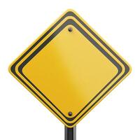 A blank yellow diamond-shaped sign on a black post, conveying caution or warning. photo
