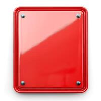 A glossy red metal sign blank, featuring rounded corners and four silver screws, ideal for customization or signage. photo