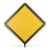 A blank yellow road sign stands alone, ready for new instructions, set against a clean white background. photo