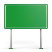 Blank green road sign on two silver poles against a white background. photo