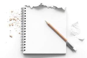 An empty spiral-bound notebook with a sharpened pencil and crumpled paper, symbolizing creativity and new beginnings. photo