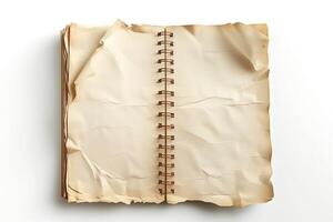 An open, weathered notebook with torn and crumpled pages, evoking nostalgia and creativity. photo