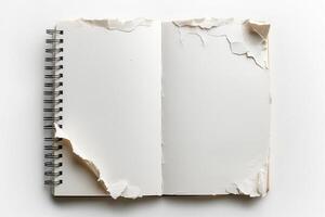 An open blank sketchbook with torn pages, showcasing a vintage and artistic feel. photo
