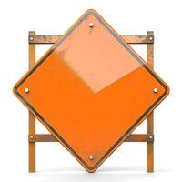 An empty, weathered orange construction sign with a rusted frame against a white background. photo