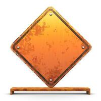 An old, weathered orange traffic sign stands alone on a simple base, capturing the essence of neglect and time. photo