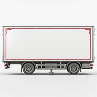 A side view of a blank white delivery truck with a decorative red border, featuring a clean and modern design. photo