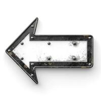 A weathered metal arrow sign pointing left, featuring a distressed white surface with prominent rivets. photo