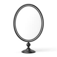 Elegant black oval mirror on a pedestal with a simple yet stylish design. photo