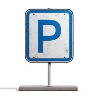A weathered parking sign on a simple post, featuring a bold blue 'P' for parking, showcasing rustic charm. photo