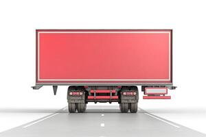 A large red delivery truck on a clean highway, showcasing its massive size and bold color. photo