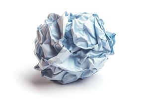 A close-up of a crumpled blue paper ball resting on a clean, white surface, showcasing texture and shadow play. photo