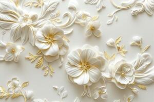 Elegant white and gold floral design with intricate textures and soft tones, adding a touch of sophistication to any space. photo