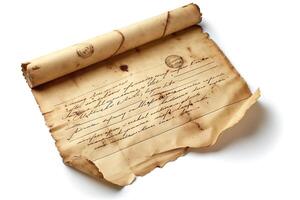 Antique parchment scroll with faded handwritten text, showcasing historical significance. photo