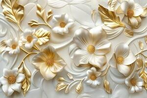 Elegant gold and white floral relief design, showcasing intricate blossoms and foliage on a soft background. photo