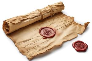 An aged scroll featuring an elegant wax seal, showcasing vintage script and a sense of historical intrigue. photo