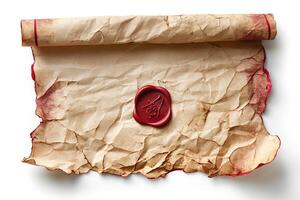 An ancient, weathered scroll featuring a red wax seal, symbolizing tradition and history. photo