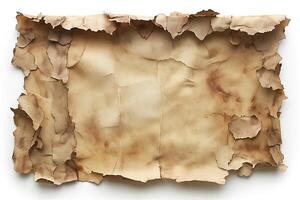 Aged, wrinkled parchment paper with torn edges, featuring a faded, earthy tone that suggests history and antiquity. photo