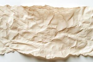 Textured close-up of crumpled beige paper with natural folds and creases. photo