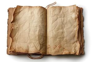 An empty, aged book with wrinkled and stained pages, showcasing a vintage aesthetic. photo