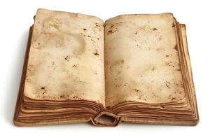 An old, dusty book with yellowed, blank pages, exuding a sense of history and mystery. photo