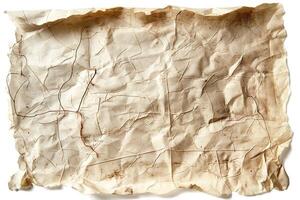 Close-up of a wrinkled and creased sheet of aged paper with abstract lines and textures. photo