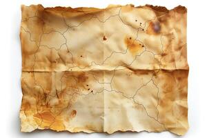An aged, weathered map with intricate line details and burn marks, evoking a sense of adventure and exploration. photo