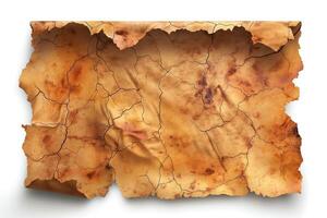 A close-up of ancient, crumpled parchment paper with distressed edges and a warm, earthy tone. photo