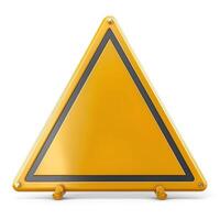 A reflective yellow triangular warning sign indicating caution. photo