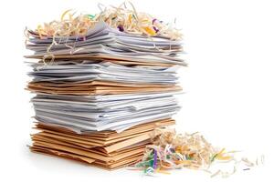 A tall, disorganized stack of paperwork mixed with colorful shredded paper debris. photo