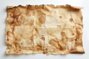 An aged, weathered parchment with coffee stains and irregular edges, creating a vintage and historical aesthetic. photo