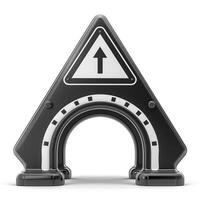 A black and white road safety sign featuring an upward arrow, set against a clean background. photo