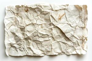 Close-up of a crumpled piece of white paper, showcasing intricate textures and subtle stains for artistic backgrounds. photo