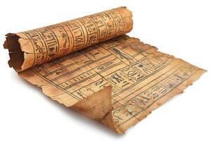 Ancient Egyptian papyrus scroll with hieroglyphics, symbolizing history and culture. photo