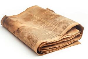 A vintage, worn-out newspaper with faded text, suggesting age and historical significance. photo