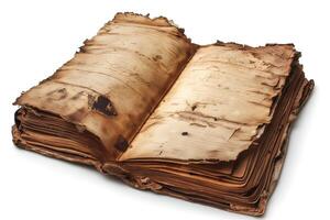 An old, weathered book with torn, yellowed pages reflecting its age and history. photo