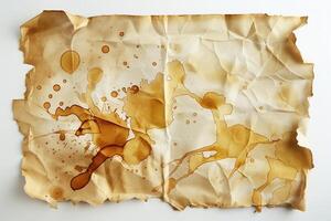 Artistic abstract composition of wrinkled paper stained with coffee, showcasing earthy tones and fluid shapes. photo