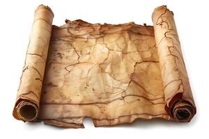 An ancient, rolled parchment showcasing intricate textures and aging effects. photo